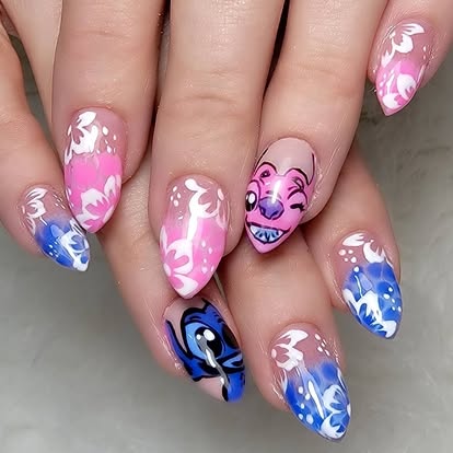Pink and blue sculpted nails with playful character art
