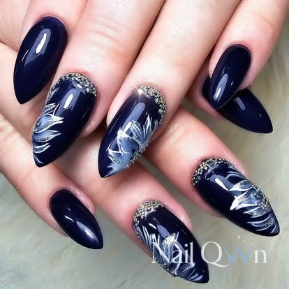 Midnight Blue Almond Set With Fine Feather Work